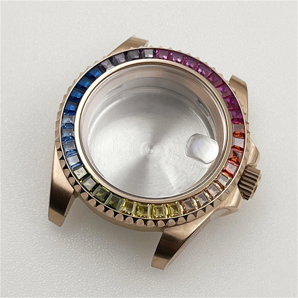 

2023 New NH35 Rainbow Bezel Rose Gold Cases 30ATM Waterproof Sapphire Glass Watch Case For NH35A NH36 4R35A 4R36A Movement