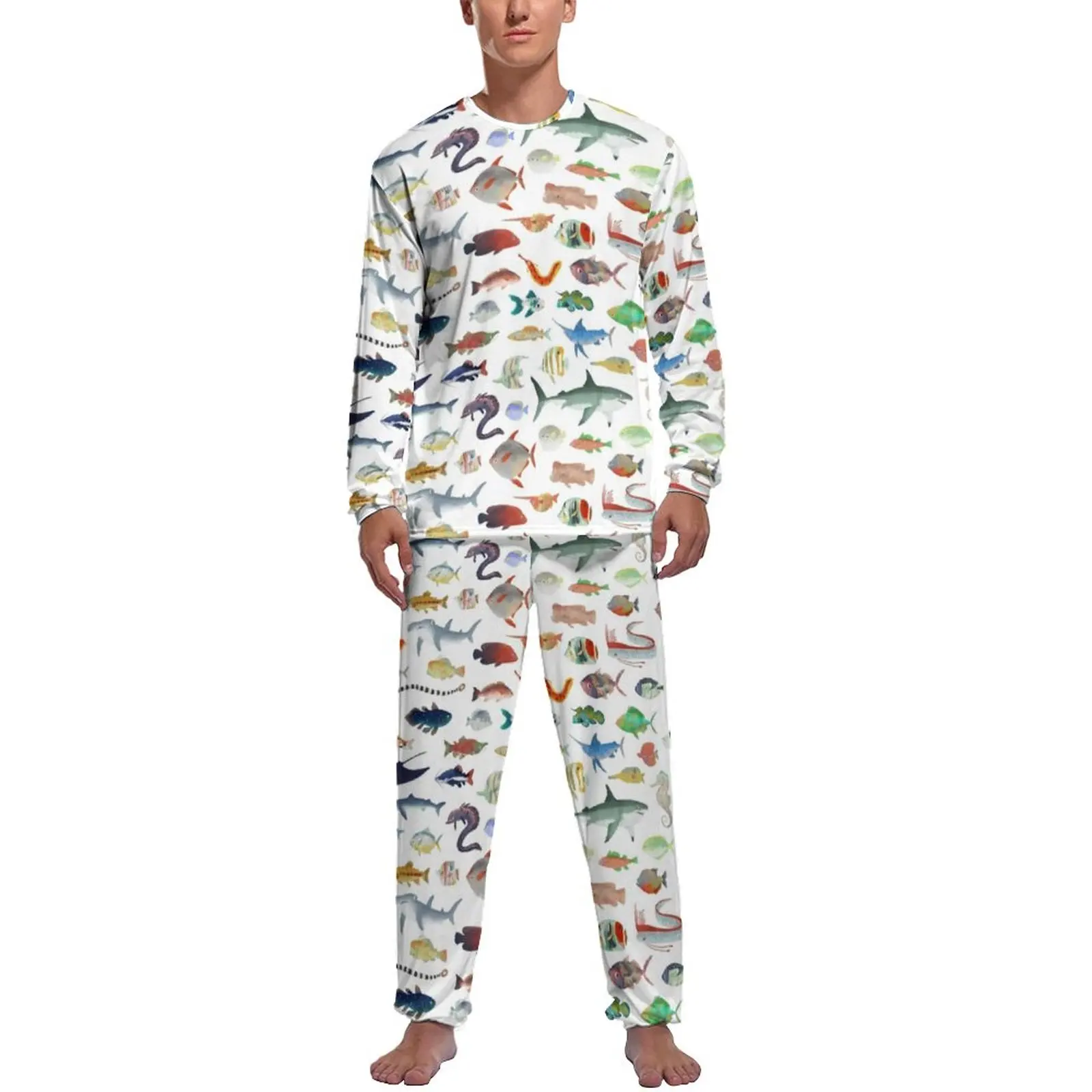 

Great White Shark Pajamas 2 Pieces Ocean Life One Hundred Fish Print Romantic Pajama Sets Long Sleeve Casual Custom Home Suit