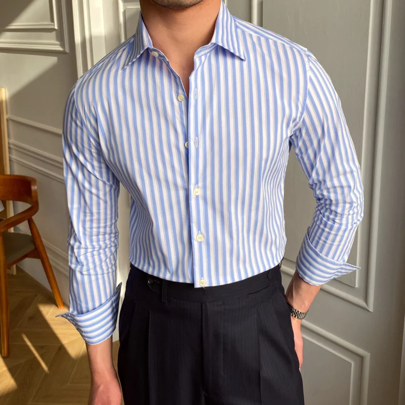 

Spring British Casual Stripe Retro Dress Camisa Masculina Social Italian 2022 Summer Men Long Sleeve Striped Shirt