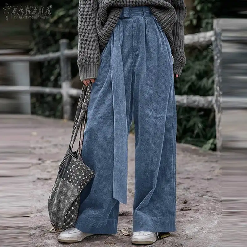 

Oversized Vintage Corduroy Maxi Pants Casual Fashion Long Trousers Women Solid Wide Leg Pant ZANZEA High Waist Straight Palazzo