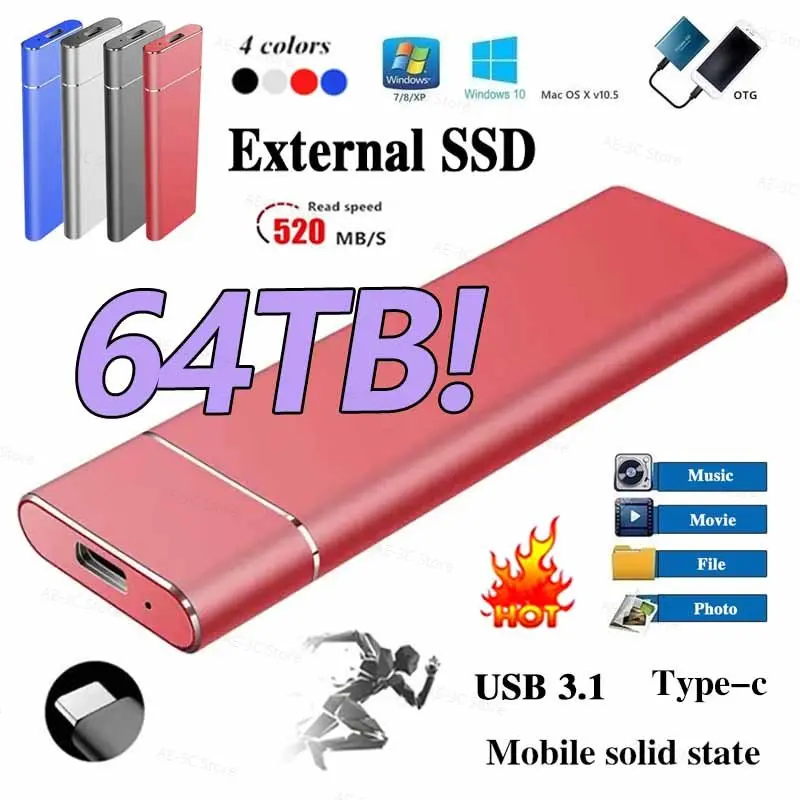 

Portable High-speed External Solid State Drive 1TB 2TB 64TB SSD Mobile Storage Device USB3.1 Hard Drive for Laptops Computer
