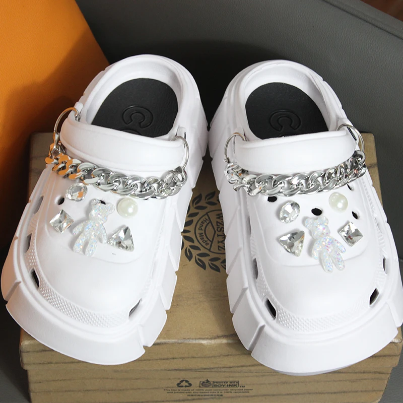 6.5 CM Platform Sliver Rhinestone Cartoon Bear Decor Vented Clogs Slides Women Shoes Outdoor Beach Sandals Summer Girls Slippers