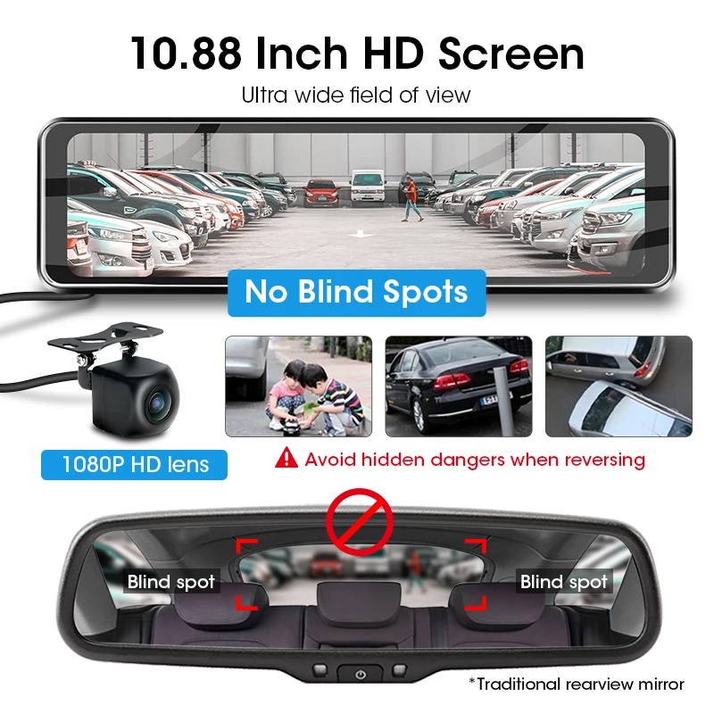 $77.69 Jansite 10.88 inch Dual Lens Dash Cam Video Recorder 2.5K+1080P Touch Screen Rear View Camera Mirror Car Camera Night Vision