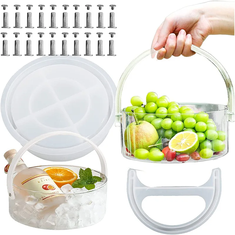 Circular Ice Bucket Beer Bucket with Handle Silicone Mold Crystal Circular Portable Fruit Basket Storage Box Epoxy Resin Mold