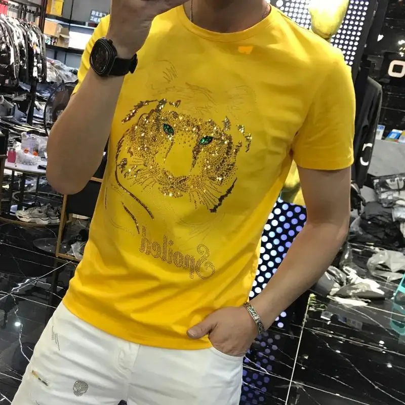 

Short-Sleeved T-shirt Men's 2022 Summer Tiger Head Hot Drilling Fashion Trendy Combed Cotton Slim T-shirt oversized t shirt