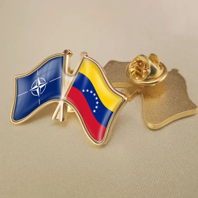 

North Atlantic Treaty Organization NATO and Venezuela Crossed Double Friendship Flags Lapel Pins Brooch Badges