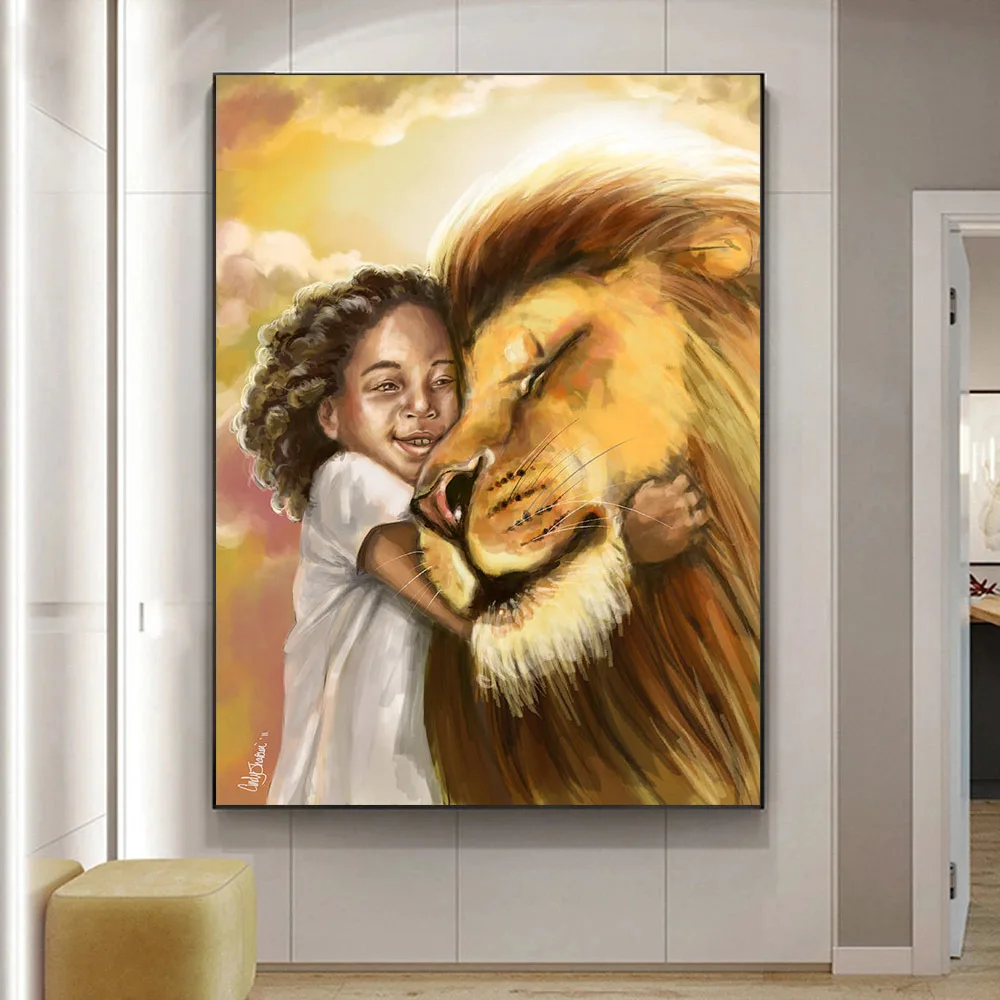 

Girl and Lion Poster and Prints Canvas Print Oil Painting with Frame Modern Nordic Abstract Animal Figure Picture Home Decor