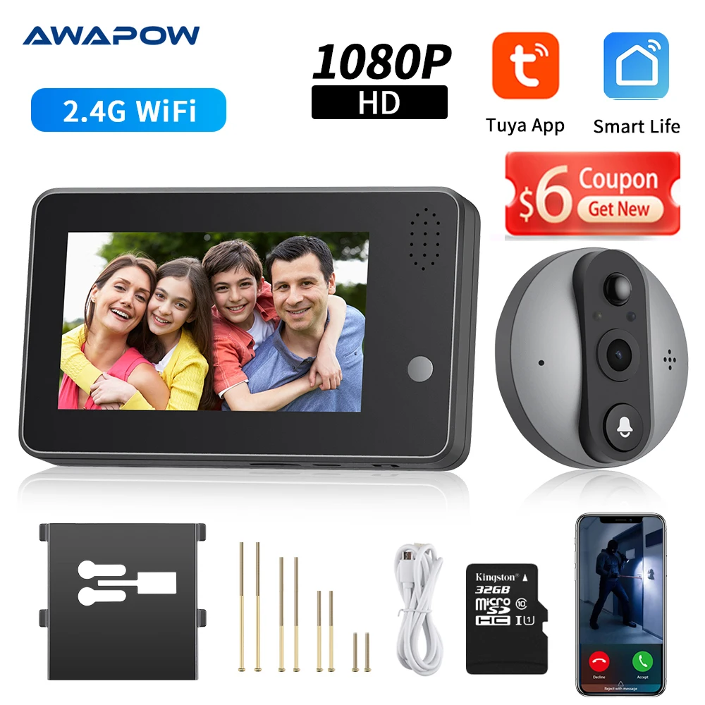 Awapow New 4.3 Inch 1080P Tuya WiFi Peephole Doorbell Camera Smart Home Night PIR Motion Detection Door Viewer Video Door Bell