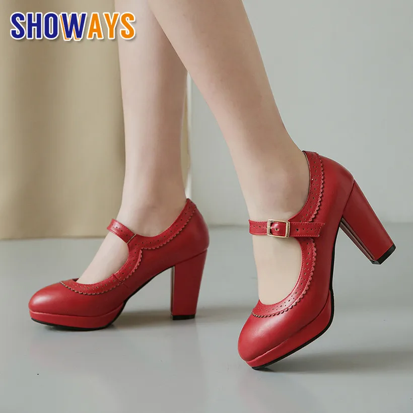 

Plus Size Sweet Mary Janes 8cm High Chunky Heels Red Pink Black Fretwork Casual Party Office Lady Round Toe Women Platform Pumps