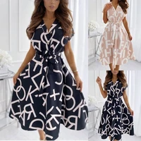 summer womens letter printing casual fashion dress short sleeve v neck a line long dress