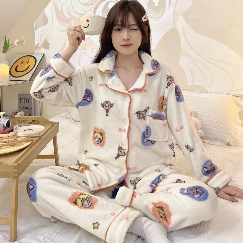

New Kawaii Cute Sailormercury Pajamas Homewear Set Lapel Cardigan Winter Thickening Coral Velvet Ins Christmas Gift For Children