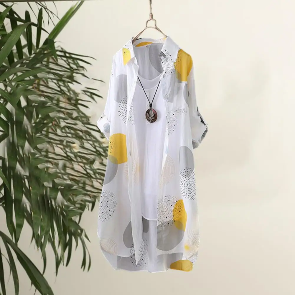 

Однобортная рубашка, стильный женский длинный кардиган с асимметричным подолом, однобортный свободный тонкий кардиган контрастных цветов с лацканами и принтом