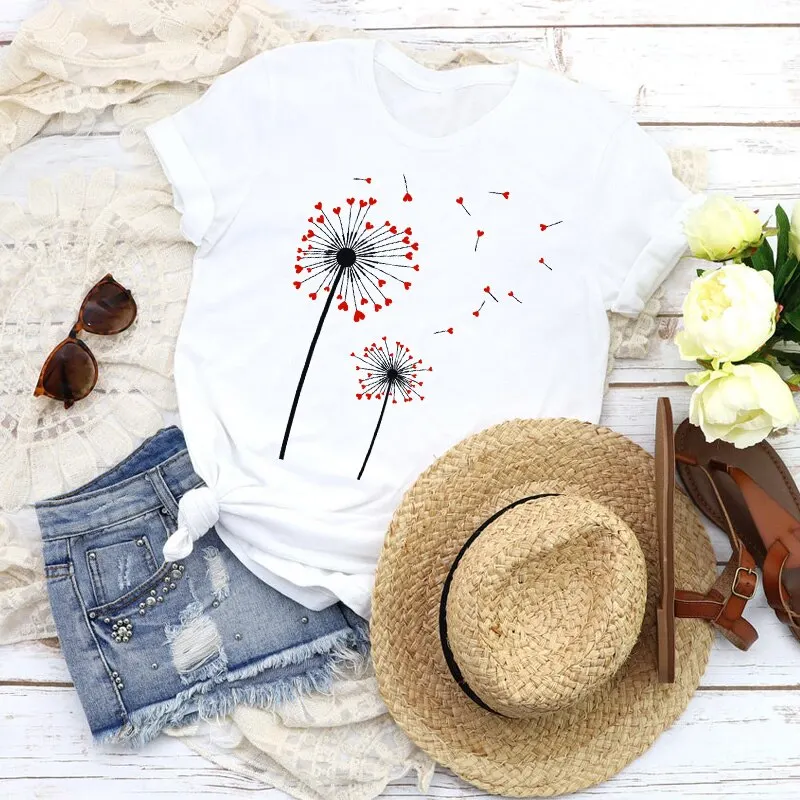 

Summer Love dandelion Print T Shirt Women Tops Fashion Aesthetic Ladies T-shirt Kawaii clothes Casual Tshirt Tees femme 2022