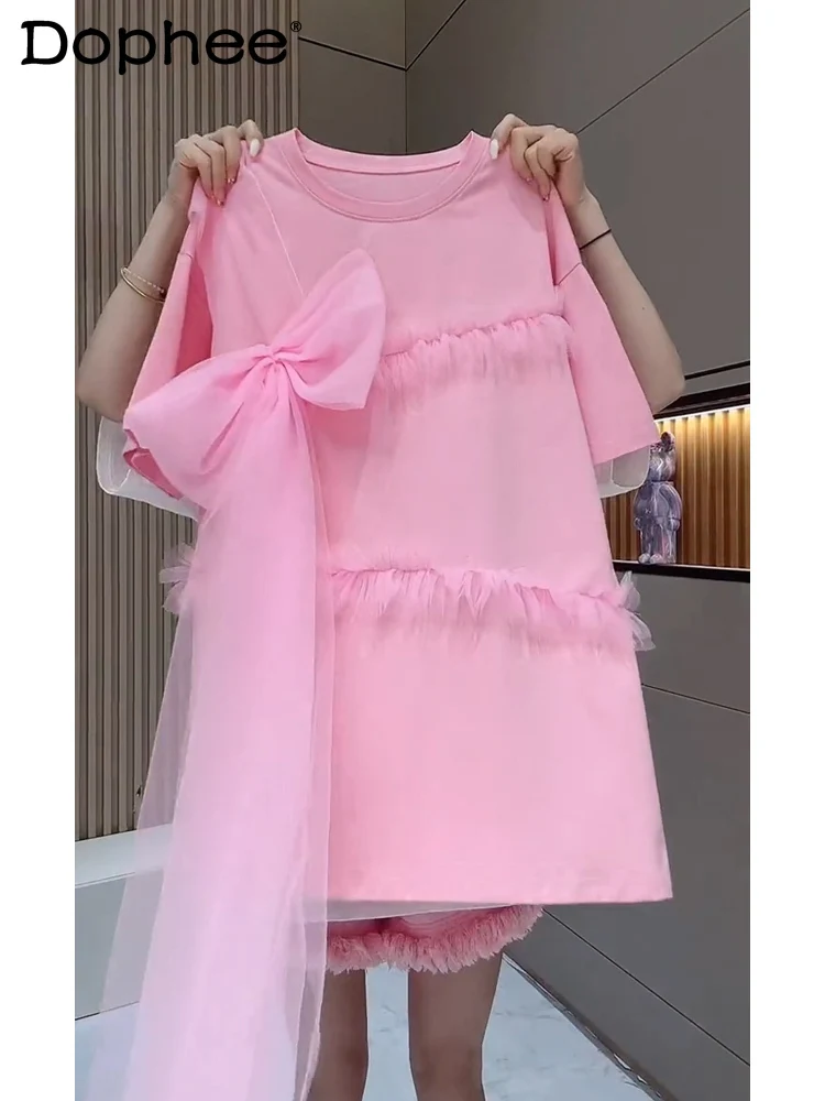 

Sweet Kawaii Clothes High-Grade Short-Sleeve T-shirt Women's Summer New Mesh Bow Cotton Design Loose Chic Beautiful Tshirt Tops