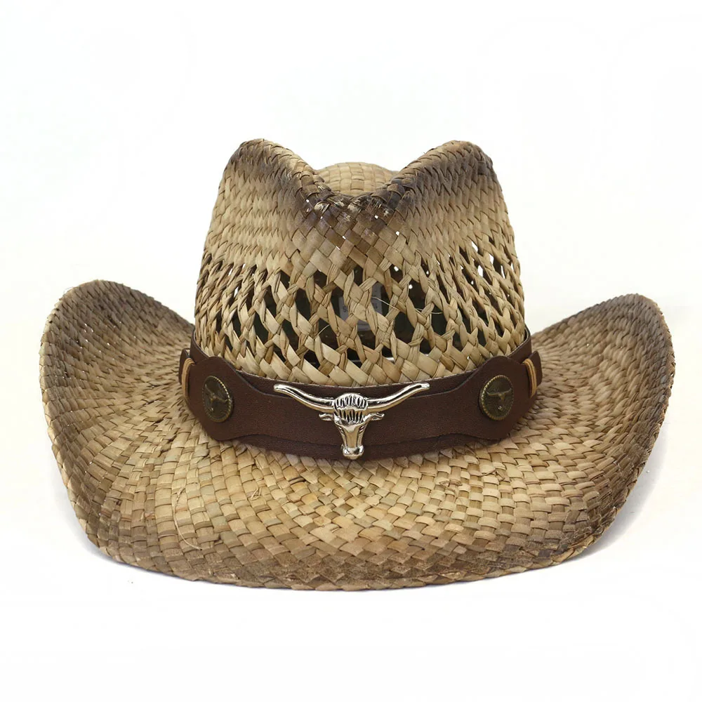 Cowboy straw hat with rolled edges and painted cow head accessories for men and women outdoor travel beach hats Cowboy hats