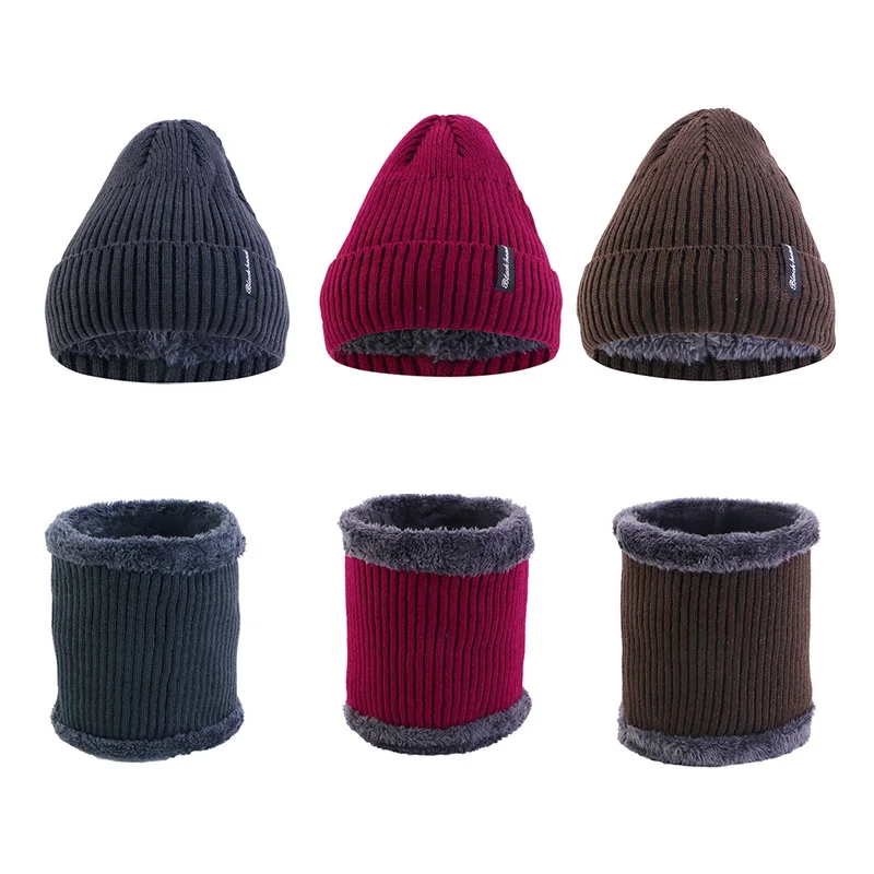 

Women's Knitted Hat Scarf caps Set Neck Warmer Winter Hats For Men Women Skullies Beanies Warm Plus Velvet Fleece Cap Men Caps