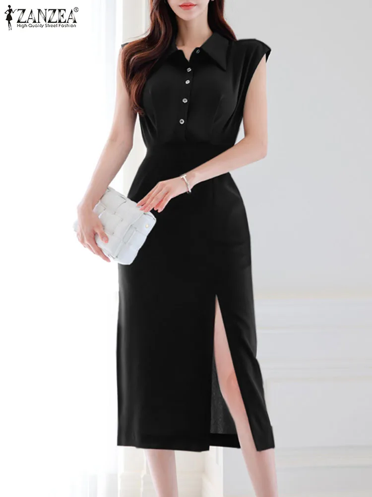 

ZANZEA Lady Waisted Robes Elegant Women Long Shirt Dress Casual Slimming Midi Dresses Sexy Sleeveless High Slit Sundrss Office