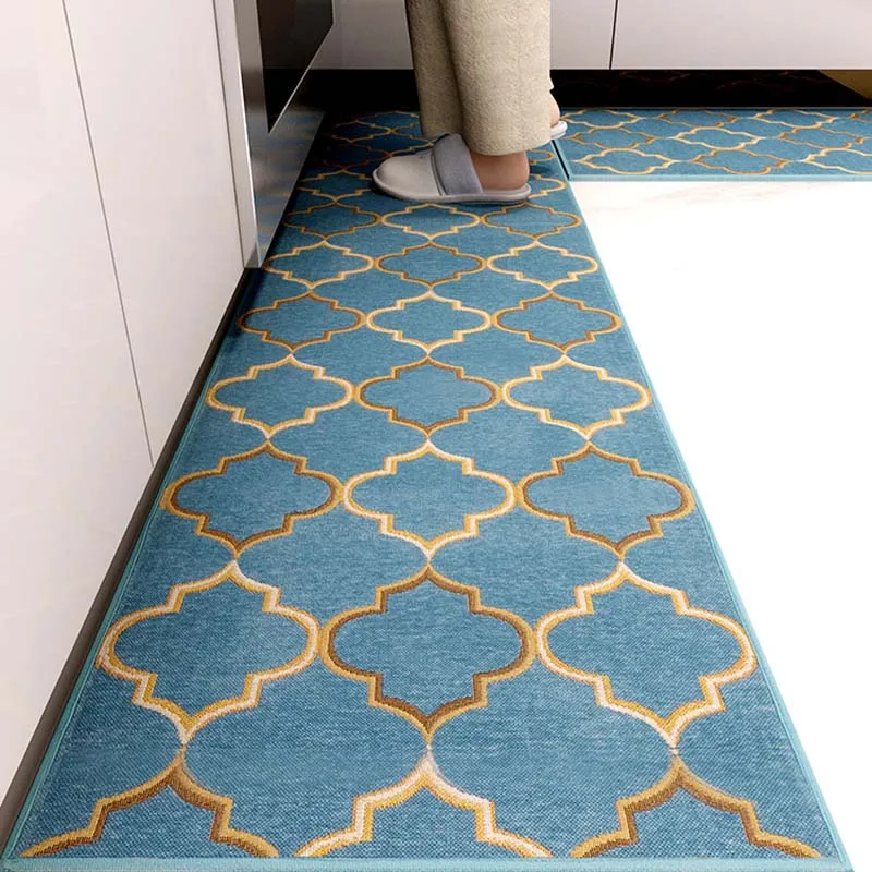 

Anti-slip Kitchen Floor Mat Blue Lattice Rug Bath Long Strip Absorption Doormat Entrance Balcony Living Room Household Carpet