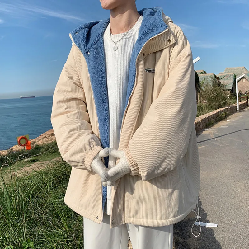 Winter Jacket Men Warm Fashion Casual Cotton Thick Lamb Wool Jackets Men Korean Loose Oversized Short Coat Mens Hooded Coat