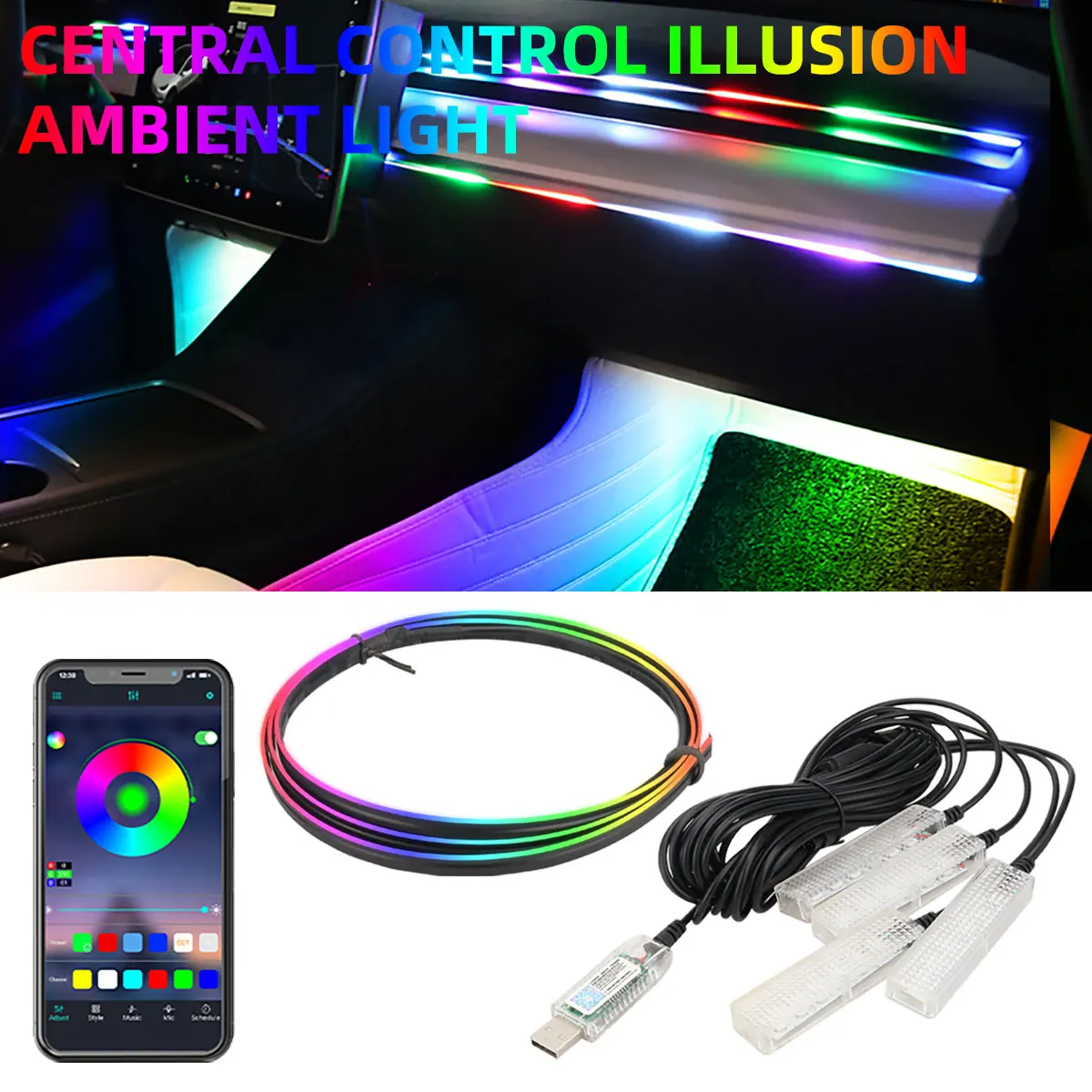 

RGB Symphony Car Atmosphere Lamp Universal Dashboard Central Light Strip USB APP Control Interior Decorative Ambient Foot Lamp