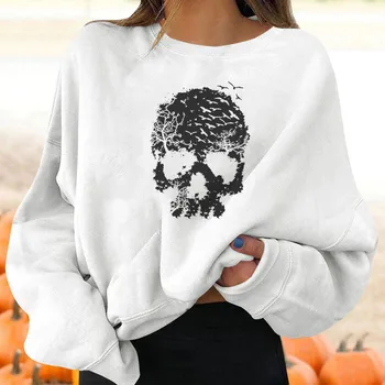 Skull Print Oversized Women Sweatshirts Pullover O-neck Long Sleeve Fleece Halloween Sweatshirt Woman Autumn Winter Harajuku Top 1
