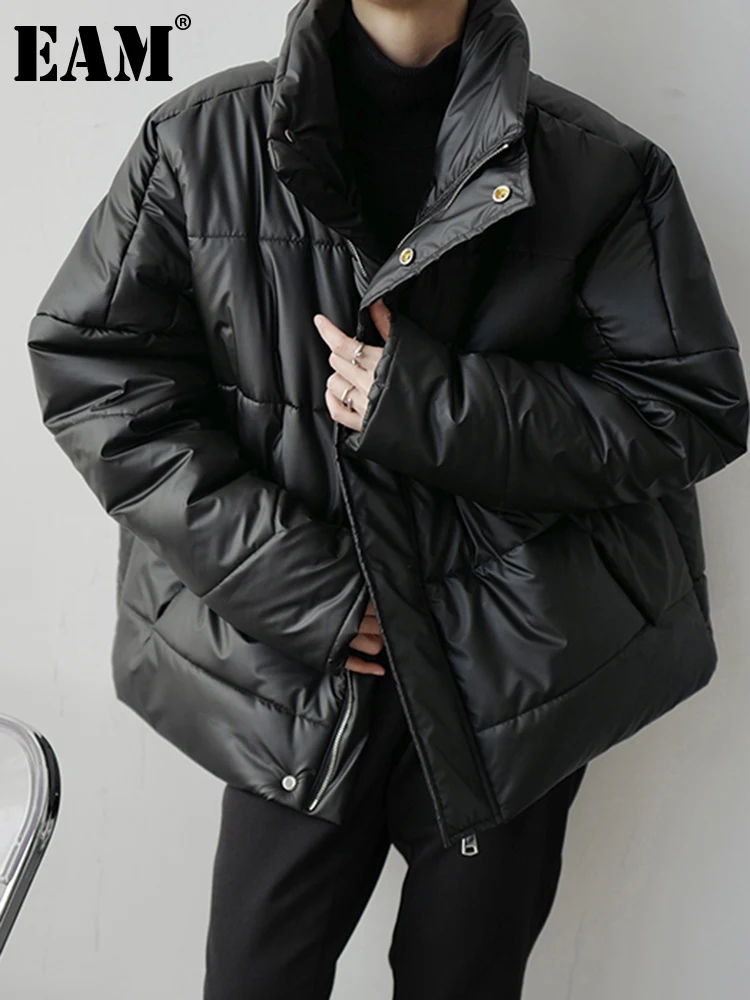 

[EAM] Black Bgi Sie Warm Cotton-padded Coat Long Sleeve Loose Fit Women Parkas Fashion Tide New Autumn Winter 2023 1DF2821