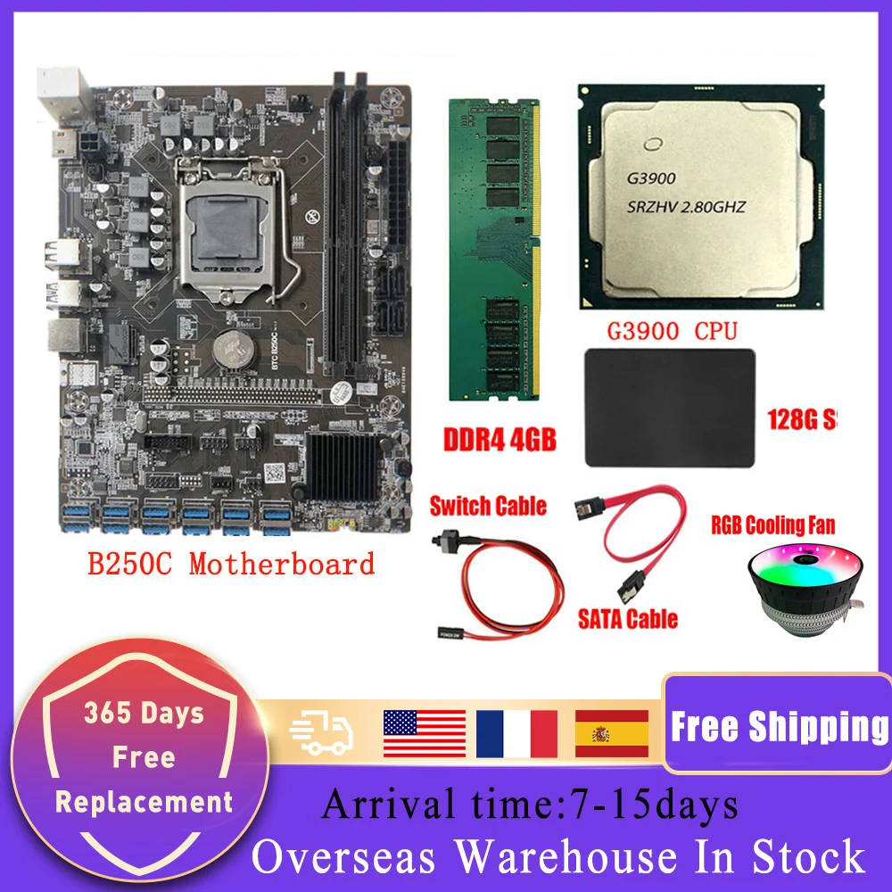 

Материнская плата B250C для майнинга + процессор G3930 + вентилятор RGB + DDR4 4 ГБ ОЗУ + SSD 128 ГБ + кабель переключателя + кабель SATA 12 * PCIE в ГПУ слот для ка...