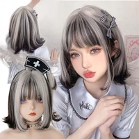 Short Black Gray Highlight Bangs Synthetic Wig Lolita Cosplay Fashion Daily High Temperature Resistant Wig Woman