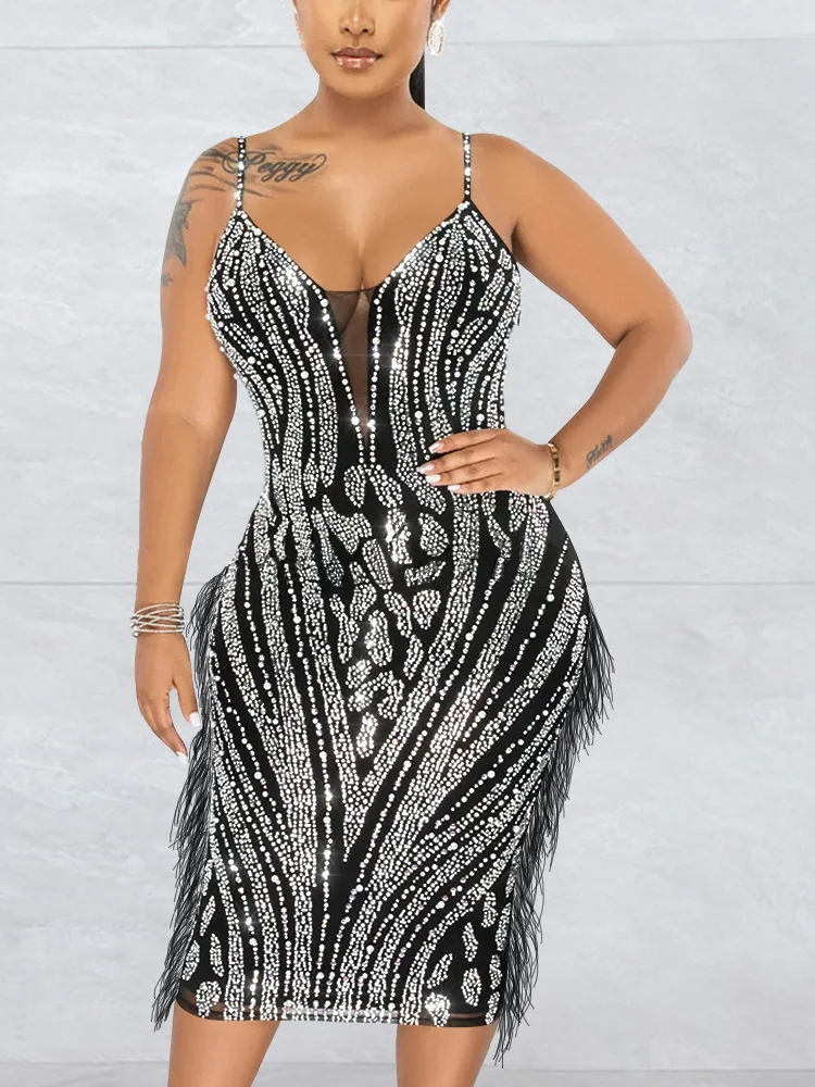 

Sexy Diamond Pearl See Through Mesh Long Bodycon Dress Elegant Backless Tassel Hottie Girl Club Party Skinny Dress