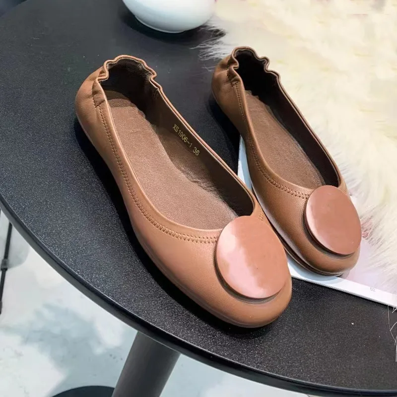 New Women Ballet Shoes Solid Color Genuine Leather High Quality Solid Color Sexy Style Daily Wear Metal Decoration