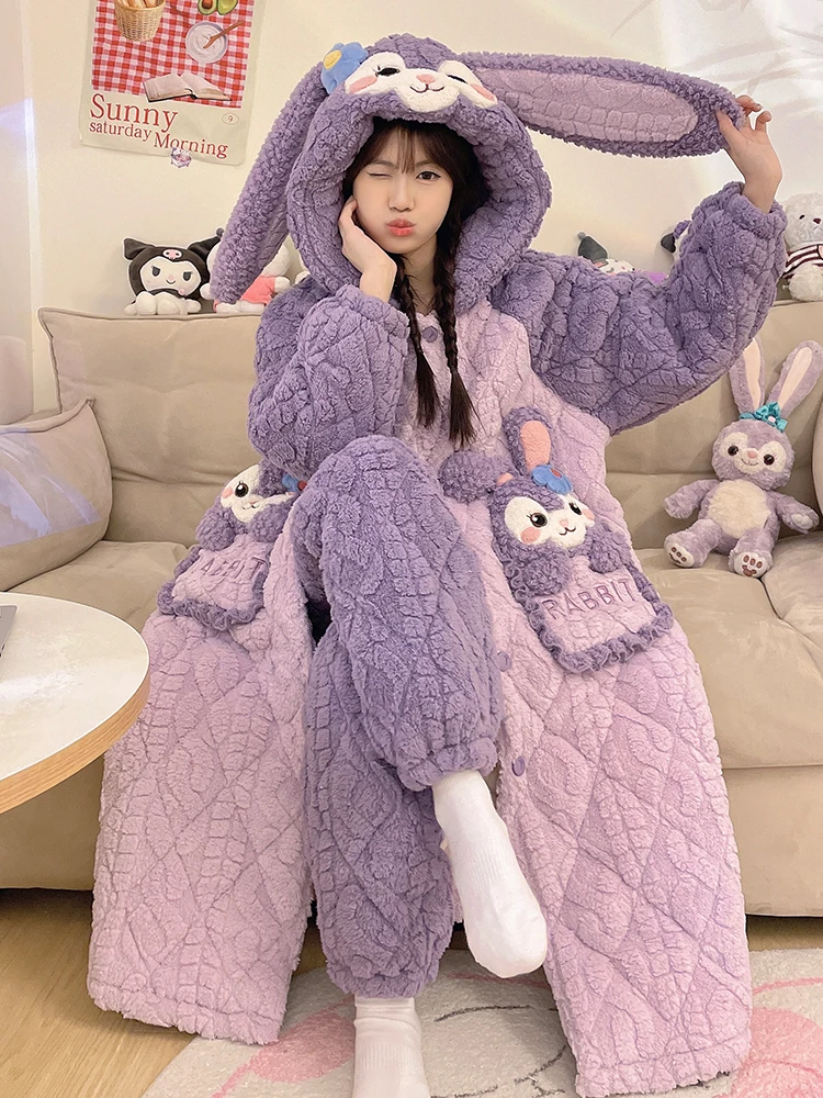 Pajamas Women New Coral Fleece Three-Layer Quilted Autumn and Winter Fleece-lined Thickened Cute Nightgown Bathrobe Ho...