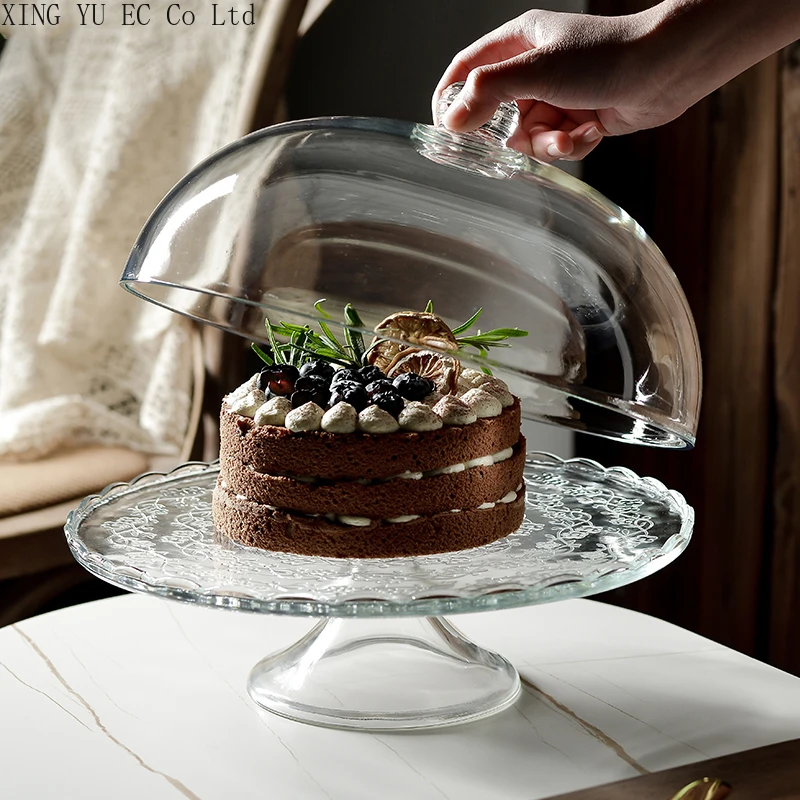 

European-style Transparent Glass Display Fruit Tray Dustproof Glass Cover Fruit Dessert Tray Bread Cake Tray Table Decoration