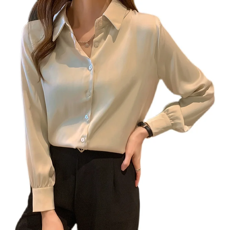 Женская атласная блузка с длинным рукавом Однотонная рубашка лацканами в
