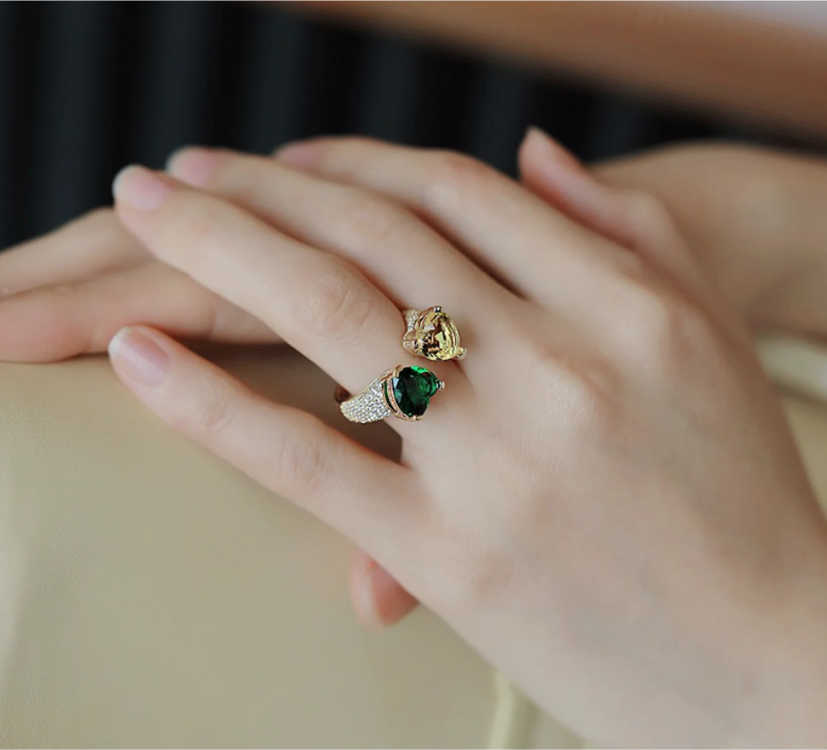 

2022 new Real gold plated heart two color zircon vintage opening design rings for women fashion jewelry