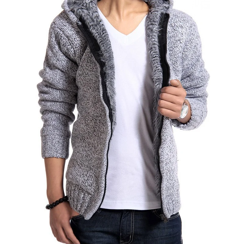 New Winter Fleece Thickened Hooded Zipper Men's Knitted Cardigan Sweater Jacket