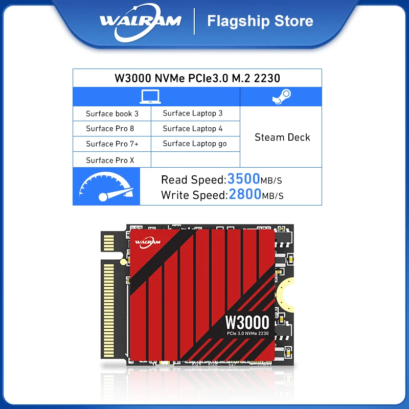 WALRAM M.2 nmve SSD 1 ТБ 512 ГБ 2230 NVMe PCIe Gen 3x4 3500 м/с для Microsoft Surface ProX Laptop 3 Steam Deck |