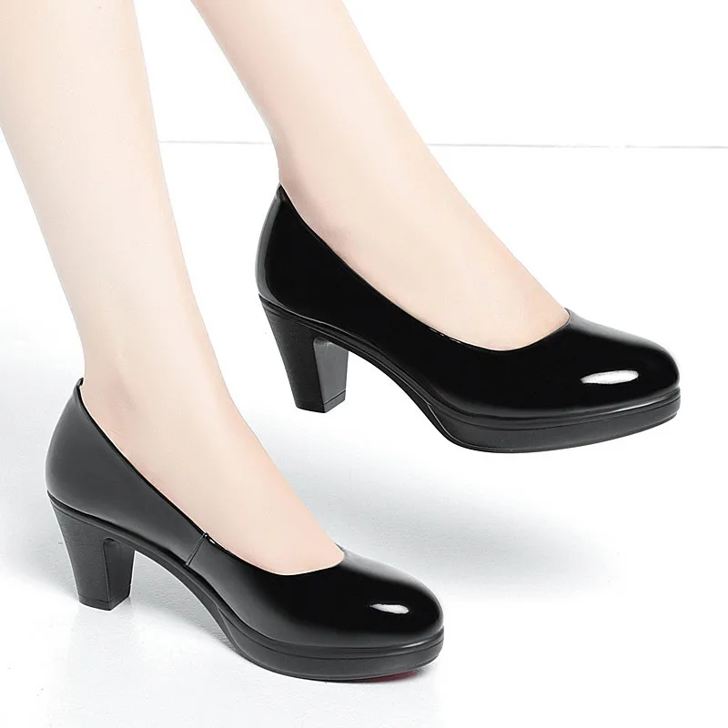 

6cm 8cm Plus Size 34-42 Elegant Patent Leather Shoes Women's Platform Pumps 2024 Spring Shallow Med Block Heels Shoes Office Mom