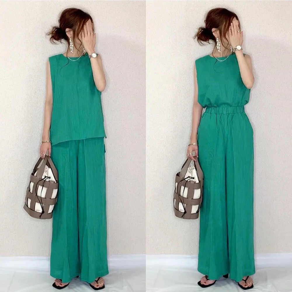 

Green Two Piece Set Office Ladies Matching Outfits Sleeveless Top High Waisted Wide Leg Pants Korea Japan Chic 2Pc Clothing Suit