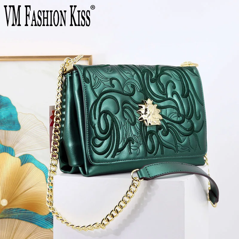 VM FASHION KISS Embroidered Gold Chain Women's Bag Casual Shoulder Bag 2023 Trend Crossbody Bags High Quality Handbag Luxury