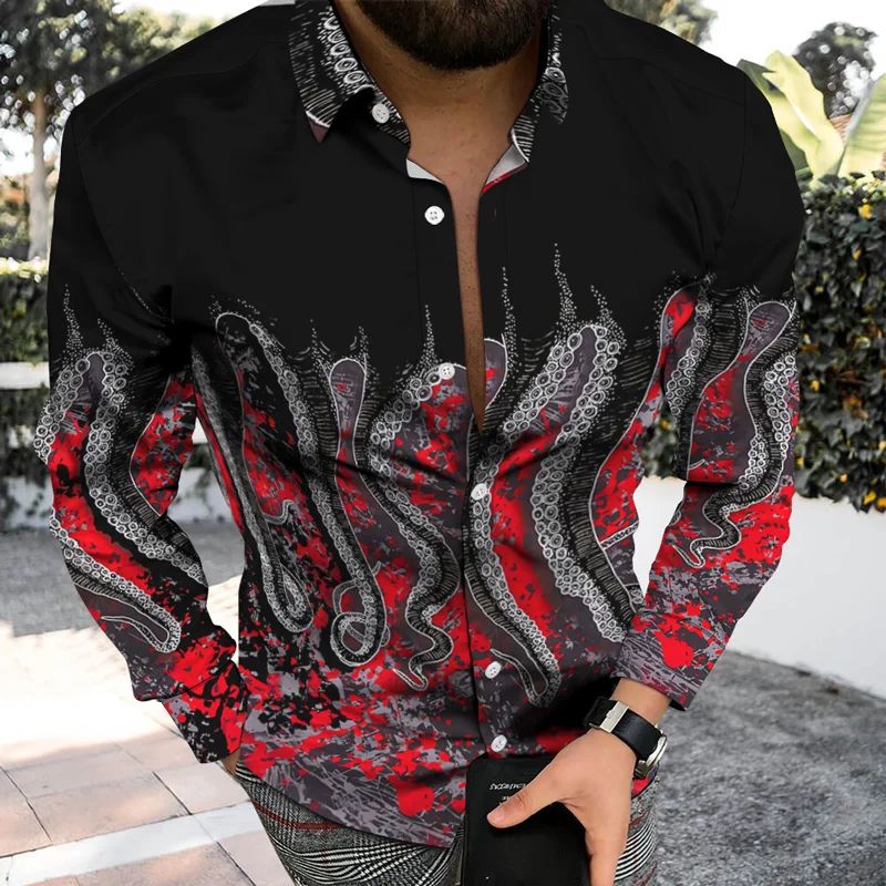 Spring Autumn New Fashion Luxury Men's Shirts Lapel Button-Up Shirts Casual Octopus Print Long Sleeve Top Men's Party Cardigan