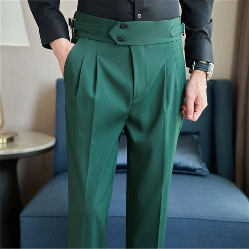 British Style Mens Brand Belt Design High Waist Straight Casual Business Suit Pants Hanging Formal Social Home Slim Casual Pants