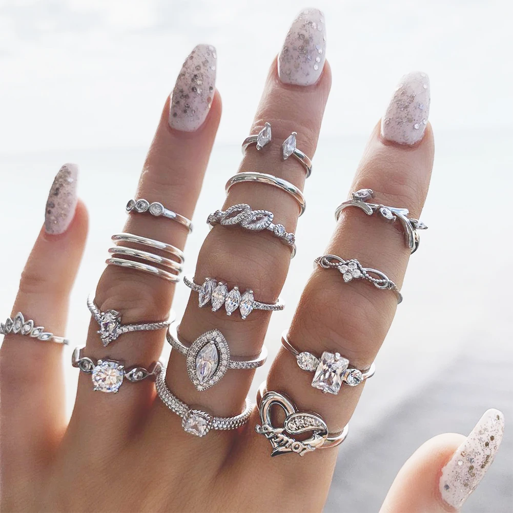 

15PCS/Set Crystal Heart Rings Set For Women Elegant Silver Color Finger Rings Fashion Statement Female Jewelry Gifts
