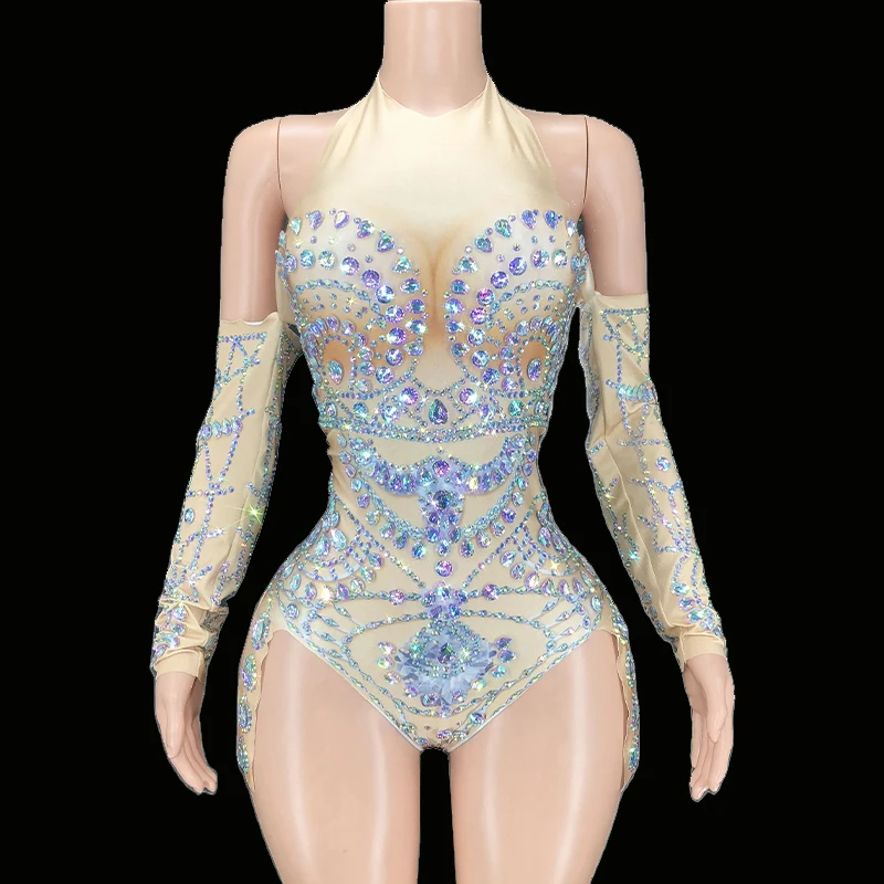 

Sexy Stage Sparkly Ab Rhinestones Leotard Halter Backless Dance Costume Women Birthday Club Outfits Performance Drag Queen Wear