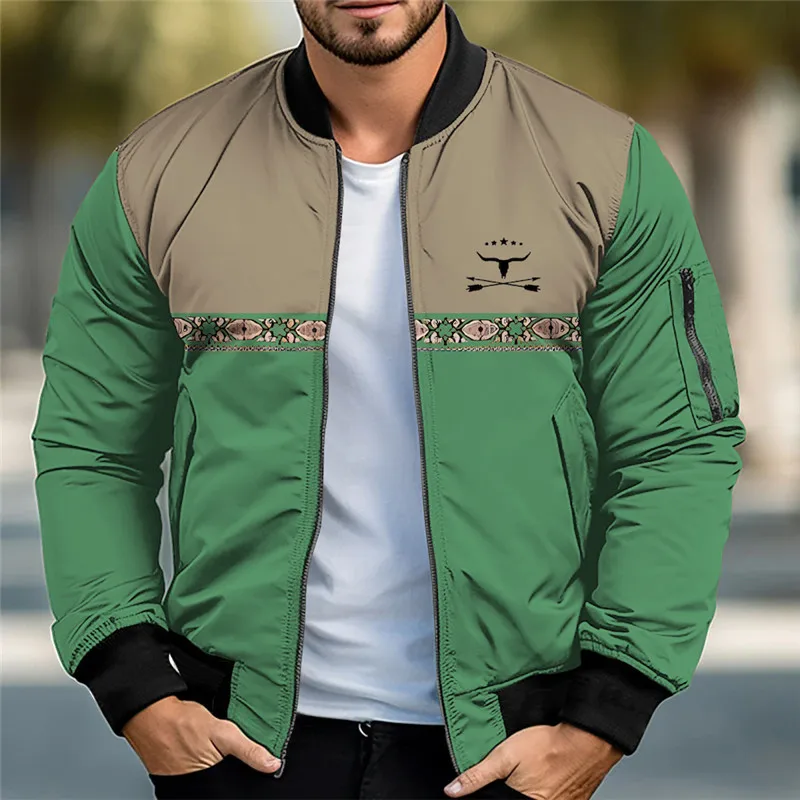 

Cow Vintage Tribal Men's Bomber Jacket Coat Sports & Outdoor Daily Wear Going out Fall & Winter Standing Collar Long Sleeve Gree