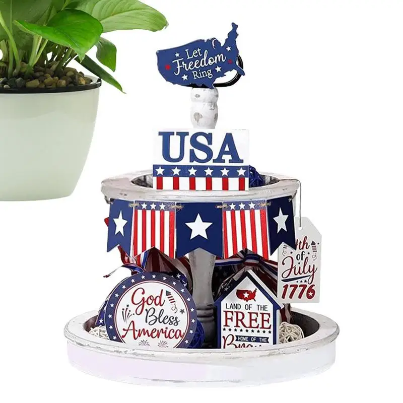 

Independence Day Tiered Tray Decoration 4th Of July Ornament Wooden Decor Set Theme Party Ornaments For Home Decor