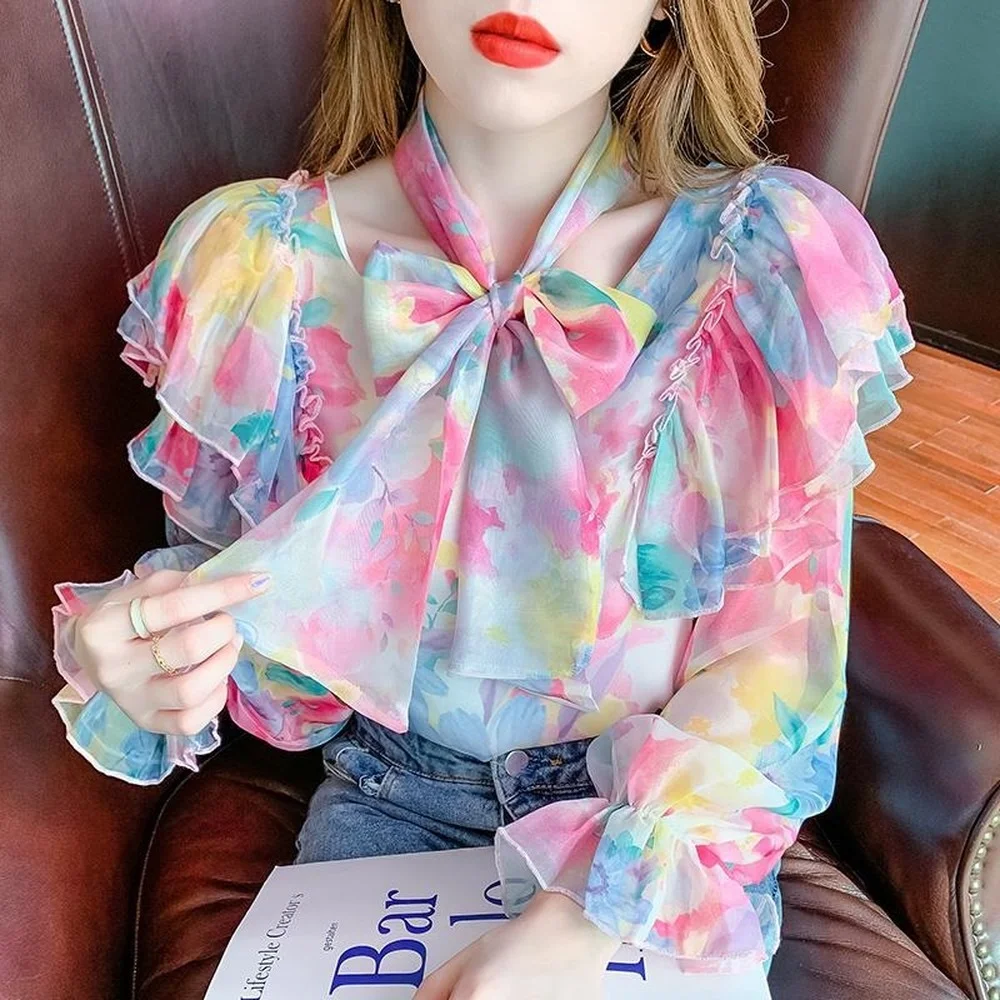 

Spring 2022 Long-sleeved Floral Chiffon Shirt Fairy Sweet Design Ruffled Top Fashion Woman Tie Neck Blouses 2022