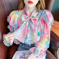 spring 2022 long sleeved floral chiffon shirt fairy sweet design ruffled top fashion woman tie neck blouses 2022