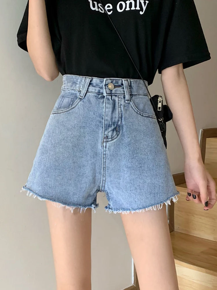 Streetwear Women High Waist Wide Leg Raw Hem Blue Denim Shorts Spring Summer Female Loose Jeans Shorts Bottoms