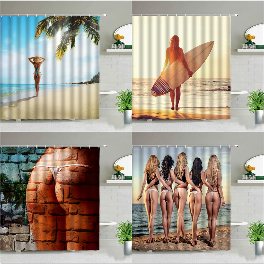 

Cortinas de ducha con paisaje de palmera para mujer, decoración de baño con ganchos, estampado 3D Sexy, playa, chica
