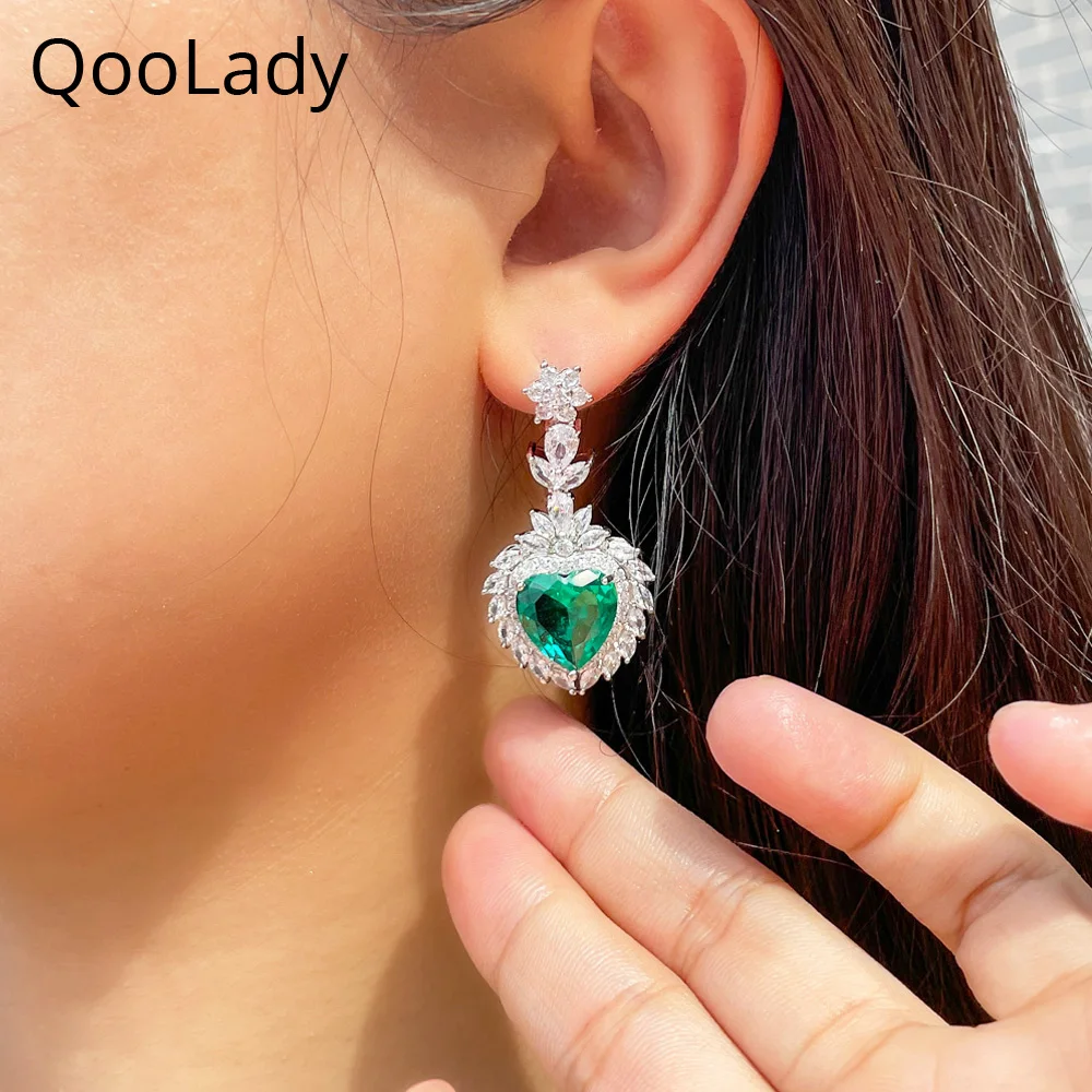 

QooLady Romantic Green Heart Drop Cubic Zirconia Silver Plated Long Dangle Earrings for Lover's Engagement Party Jewelry E247